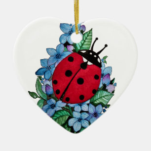 Wasserfarbener Niedlicher Ladybird mit blauen Blum Keramik Ornament
