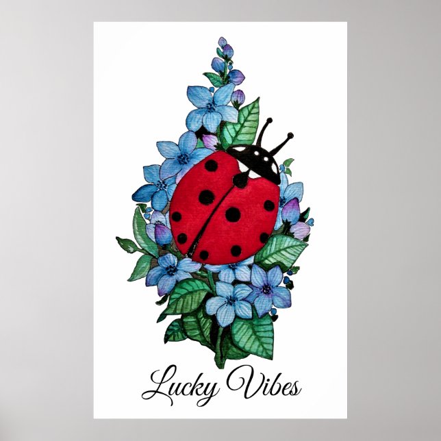 Wasserfarbener Niedlicher Ladybird mit blauen Blum Poster (Vorne)