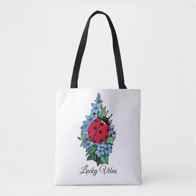 Wasserfarbener Niedlicher Ladybird mit blauen Blum Tasche (Vorderseite)