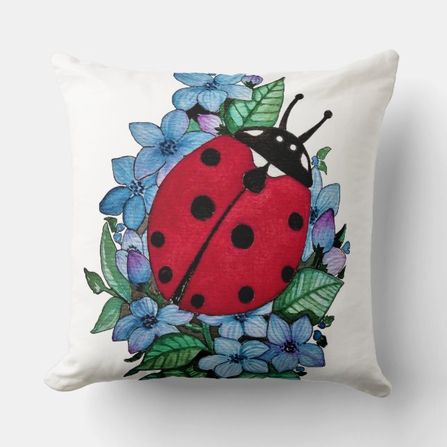 Wasserfarbener Niedlicher Ladybug mit blauen Blume Kissen (Vorderseite)