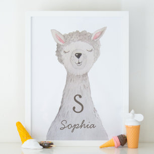 Wasserfarbener niedlicher Lama. Alpaca-Monogramm-K Poster