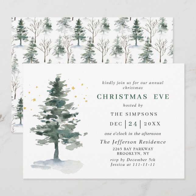 Wasserfarbener Pine Tree Holiday CHRISTMAS EVE Einladung (Vorne/Hinten)