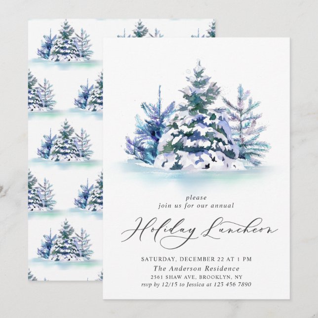 Wasserfarbener Pine Tree Weihnachten Einladung (Vorne/Hinten)