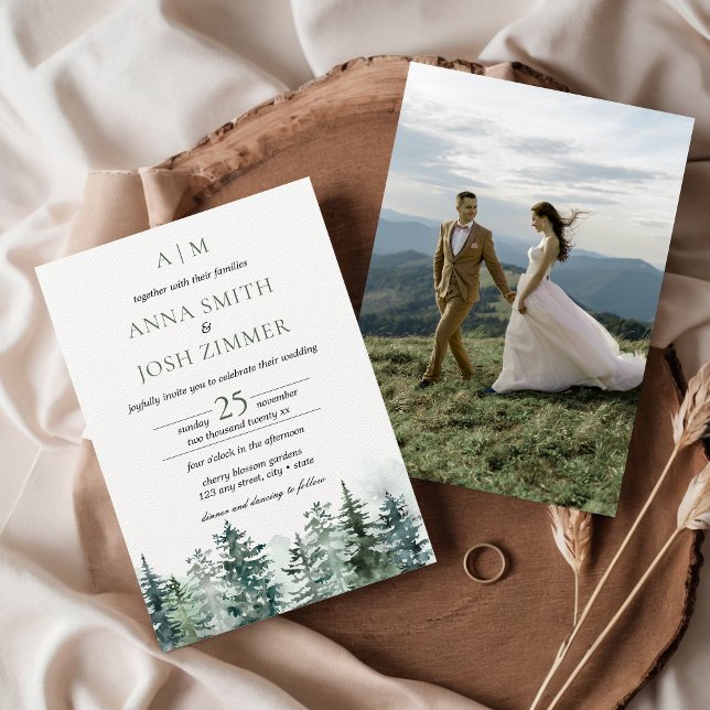 Wasserfarbener Pinienwald Rustikales Foto Hochzeit Einladung (Pine Tree Forest Mountain Rustic Outdoor Camping Greenery  Photo Wedding Invitation)