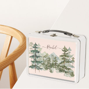 Wasserfarbener Pinienwald und Berg Rustikal Metall Brotdose