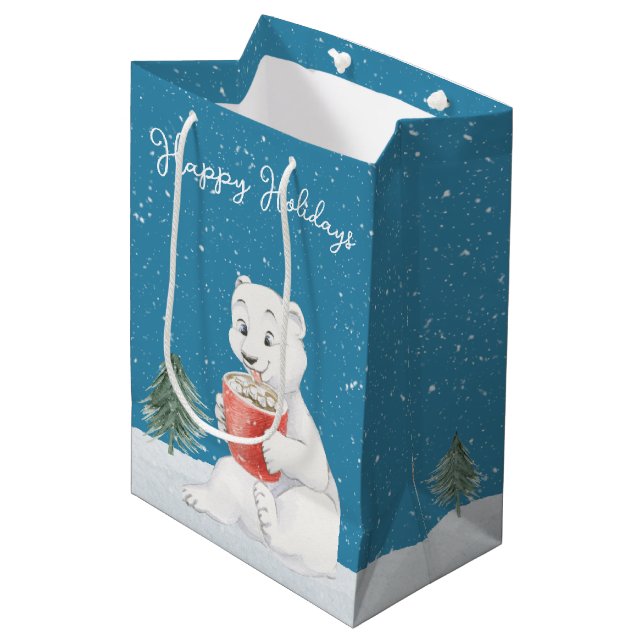 Wasserfarbener Polar-Bär mit heißem Kakao Mittlere Geschenktüte (Vorderseite Schrägansicht)