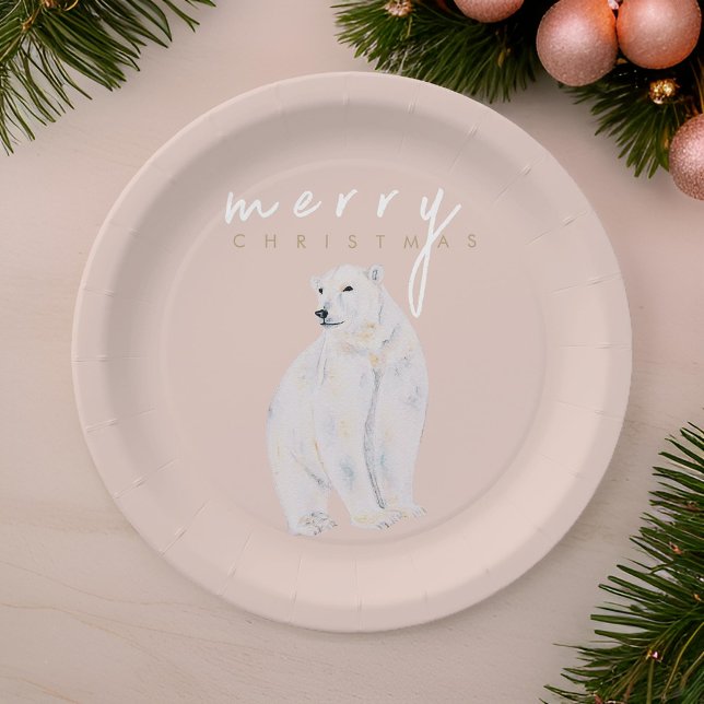 Wasserfarbener Polar Bär Moderne frohe Weihnachten Pappteller (Von Creator hochgeladen)