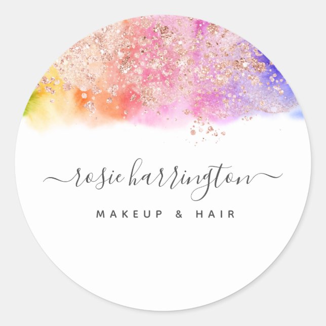 Wasserfarbener Regenbogen Rose Gold Glitzer Giro Runder Aufkleber (Vorderseite)