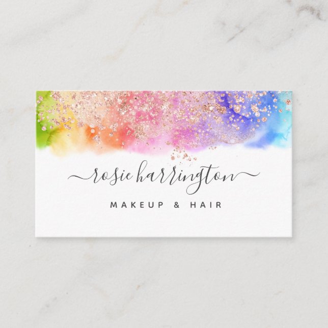 Wasserfarbener Regenbogen Rose Gold Glitzer Giro Visitenkarte (Vorderseite)