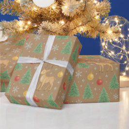 Wasserfarbener Rentier und Christbaum - Geschenkpapier