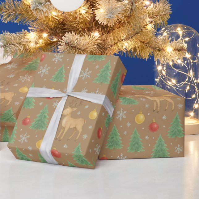 Wasserfarbener Rentier und Christbaum - Geschenkpapier (Feiertage)