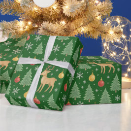 Wasserfarbener Rentier und Christbaum - Geschenkpapier