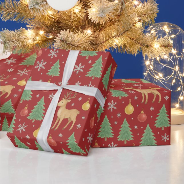 Wasserfarbener Rentier und Christbaum - Geschenkpapier (Feiertage)