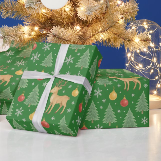 Wasserfarbener Rentier und Christbaum - Geschenkpapier (Feiertage)