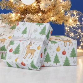 Wasserfarbener Rentier und Christbaum - Geschenkpapier