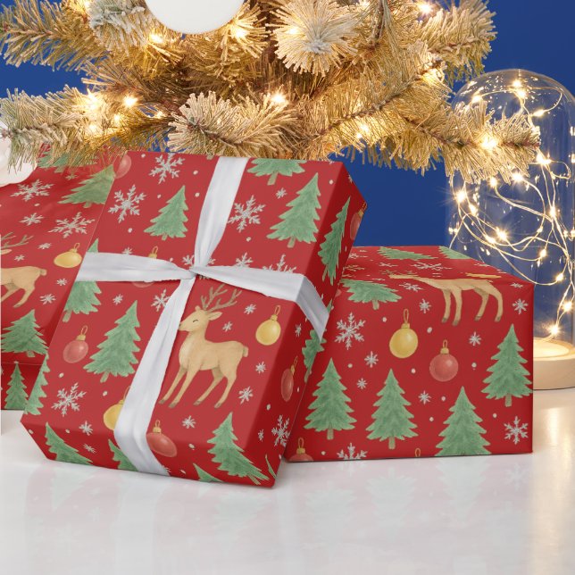 Wasserfarbener Rentier und Christbaum - Geschenkpapier (Feiertage)