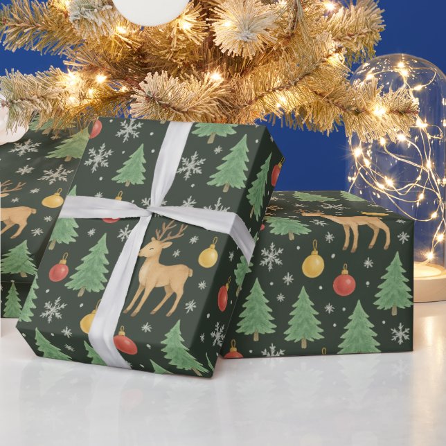 Wasserfarbener Rentier und Christbaum - Geschenkpapier (Feiertage)