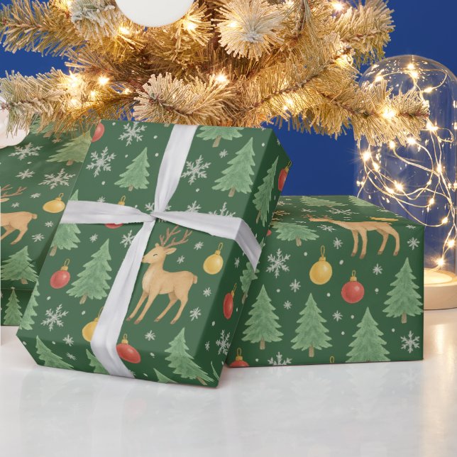 Wasserfarbener Rentier und Christbaum - Geschenkpapier (Feiertage)