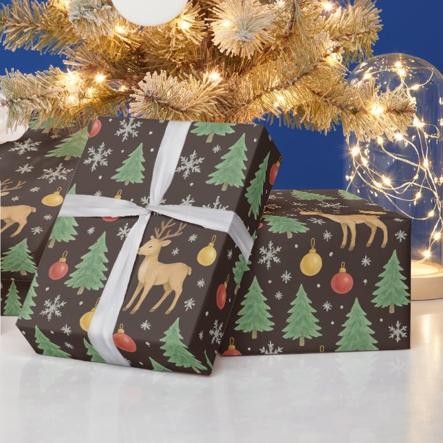 Wasserfarbener Rentier und Christbaum - Geschenkpapier (Feiertage)
