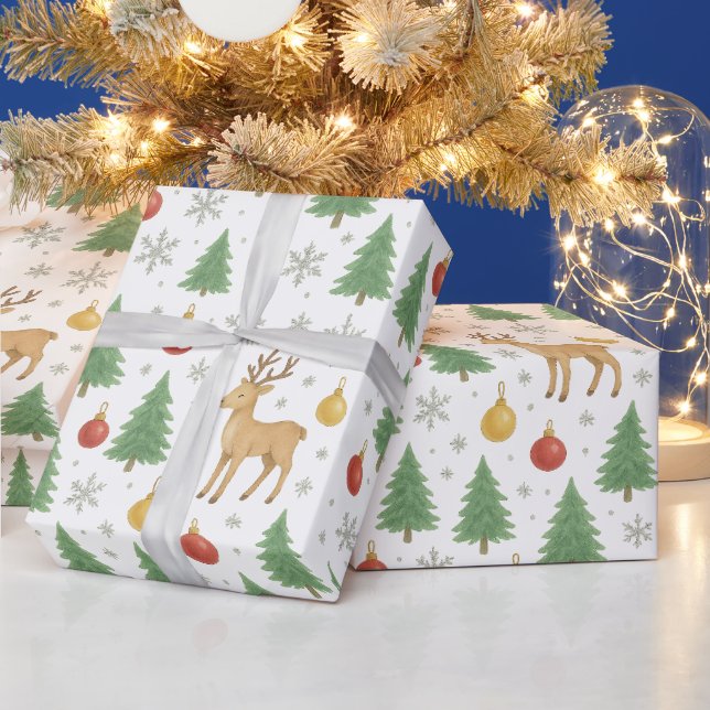 Wasserfarbener Rentier und Christbaum - Geschenkpapier (Feiertage)