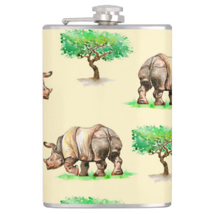 Wasserfarbener Rhino: Handgemalt Muster. Flachmann
