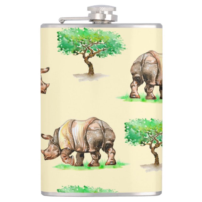 Wasserfarbener Rhino: Handgemalt Muster. Flachmann (Vorderseite)