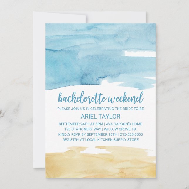Wasserfarbener Sand und Meer Bachelorette Wochenen Einladung (Vorderseite)