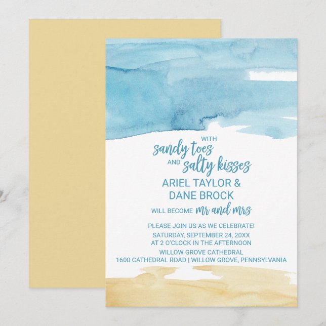 Wasserfarbener Sand und Meer Salty Kisses Wedding Einladung (Vorne/Hinten)