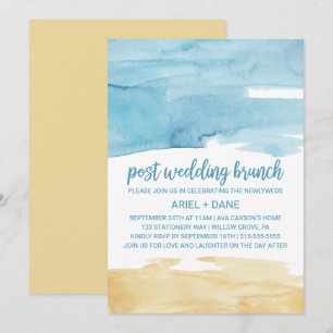 Wasserfarbener Sandstrand und Seeposten Hochzeitsf Einladung