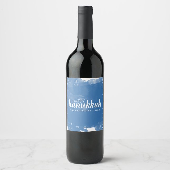 Wasserfarbener Schneefall Happy Hanukkah Holiday Weinetikett (Vorderseite)
