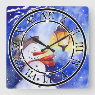 Wasserfarbener Schneemann Frohe Weihnachten Neujah Quadratische Wanduhr