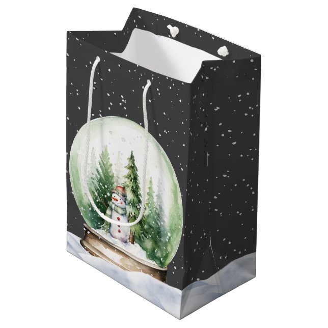 Wasserfarbener Schneemann im Schneeglobe Mittlere Geschenktüte (Vorderseite Schrägansicht)