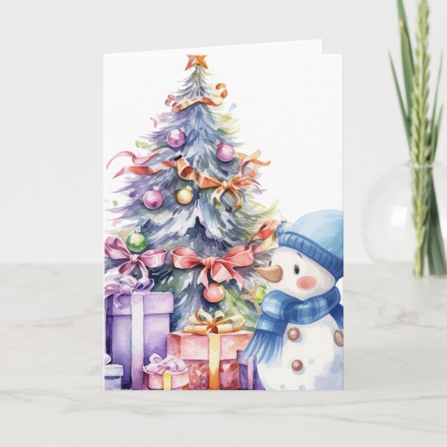 Wasserfarbener Schneemann mit blauem Scarf & Weihn Karte (Vorderseite)