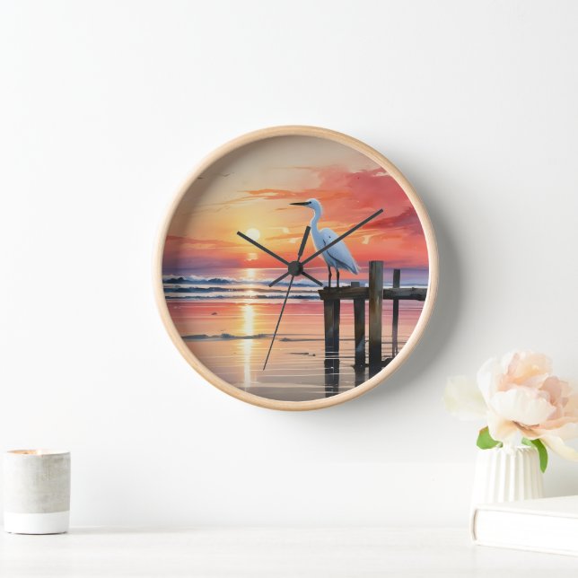 Wasserfarbener Sonnenaufgang mit Egret Uhr (Zuhause)