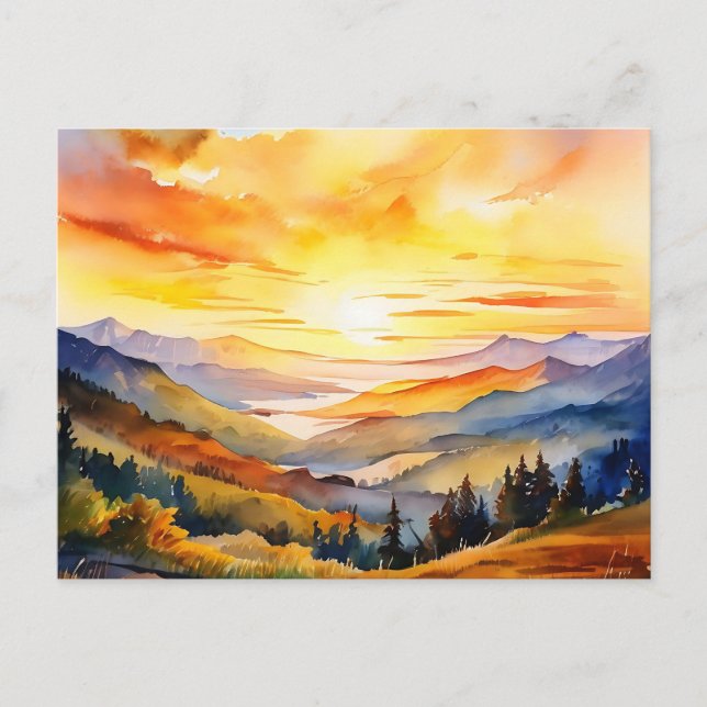 Wasserfarbener Sonnenaufgang über Gebirgskette Postkarte (Vorderseite)
