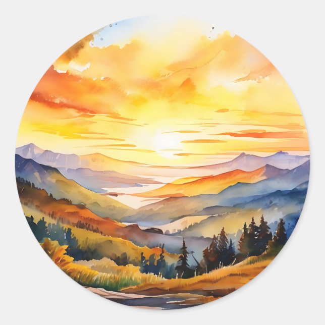 Wasserfarbener Sonnenaufgang über Gebirgskette Runder Aufkleber (Vorderseite)