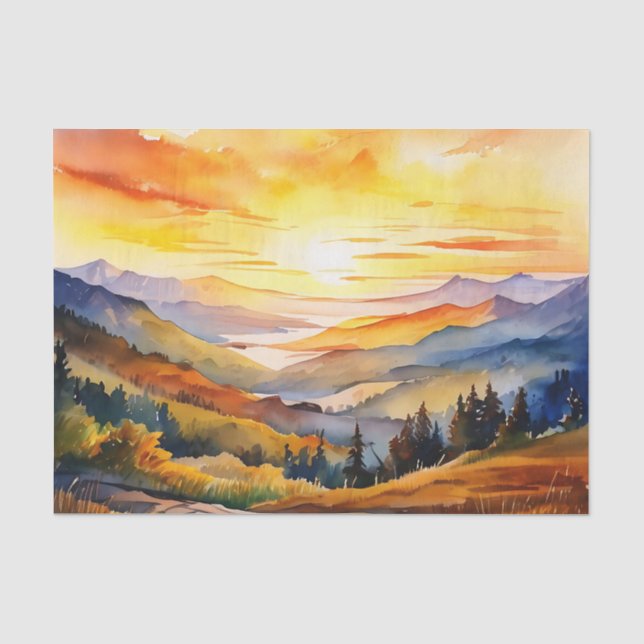 Wasserfarbener Sonnenaufgang über Gebirgskette Seidenpapier (Vorderseite)