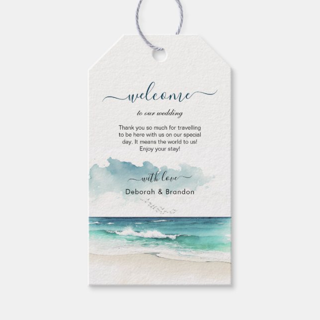 Wasserfarbener Strand Hochzeit Begrüßung Begrüßung Geschenkanhänger (Vorderseite)