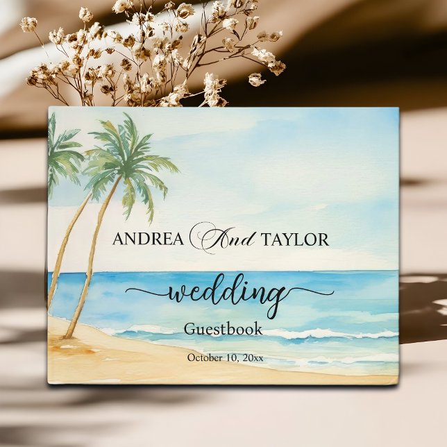 Wasserfarbener Strand und Palmen Bäume Elegante Ho Gästebuch (Von Creator hochgeladen)