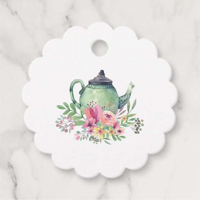 Wasserfarbener Teekessel und Blume Tee Party Geschenkanhänger (Vorderseite)