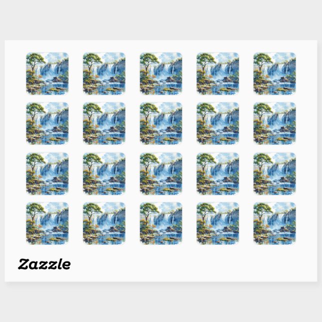 Wasserfarbener Wasserfall Victoria Falls Nature Quadratischer Aufkleber (Blatt)