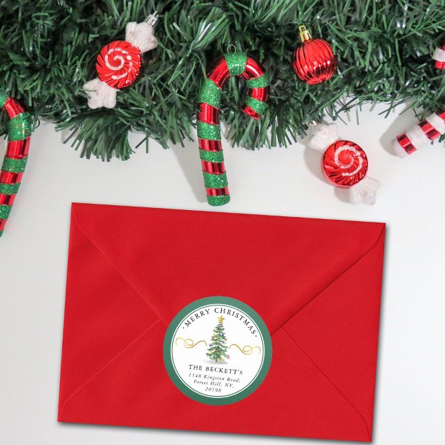 Wasserfarbener Weihnachtsbaum Custom Rücksendeadre Runder Aufkleber (Von Creator hochgeladen)