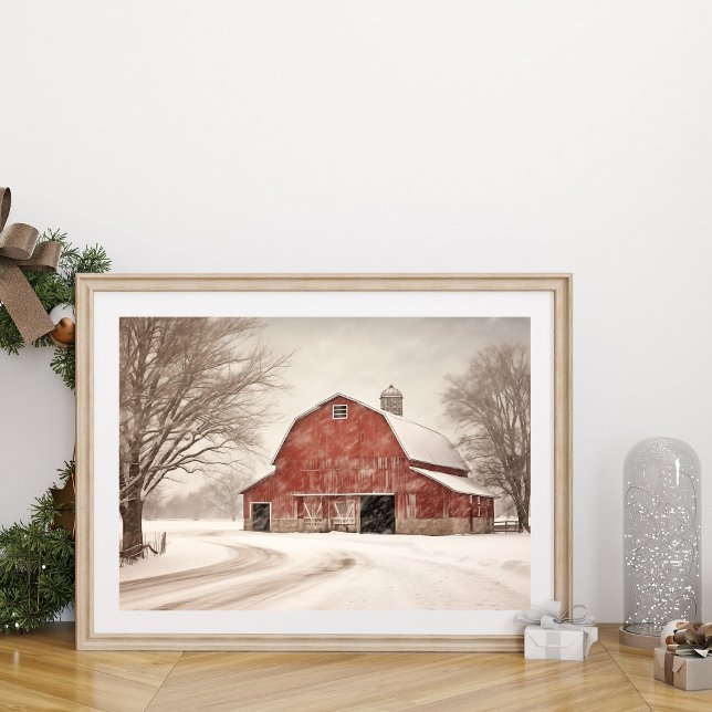 Wasserfarbener Weihnachtsmann im Schnee Poster (Watercolor Vintage Christmas Barn in Snow Wall Art next to a Christmas wreath.)