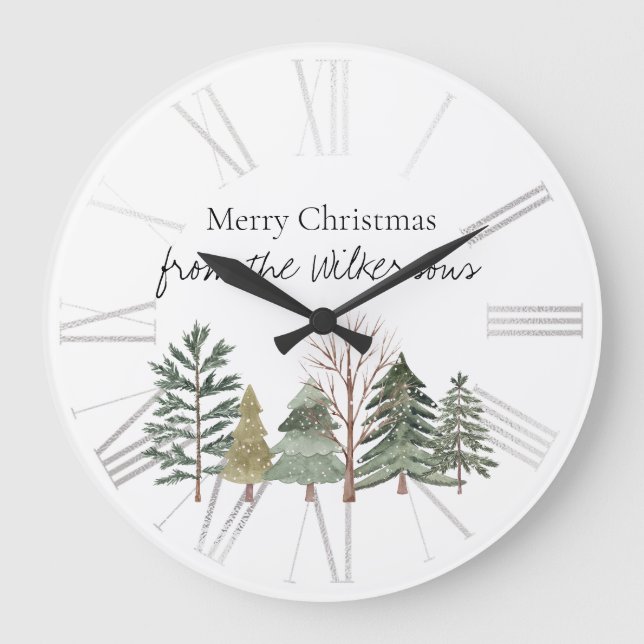Wasserfarbener Winterwald Einfache Bäume Große Wanduhr (Vorderseite)