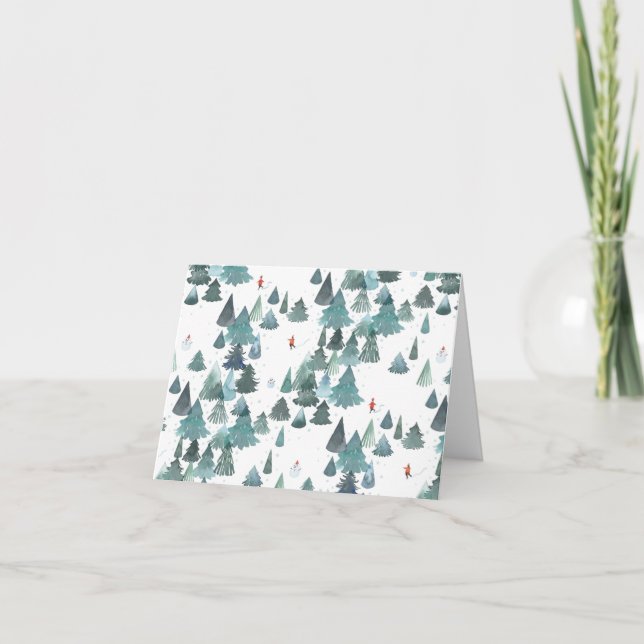 Wasserfarbener Winterwald geklappt Feiertagskarte (Vorderseite)