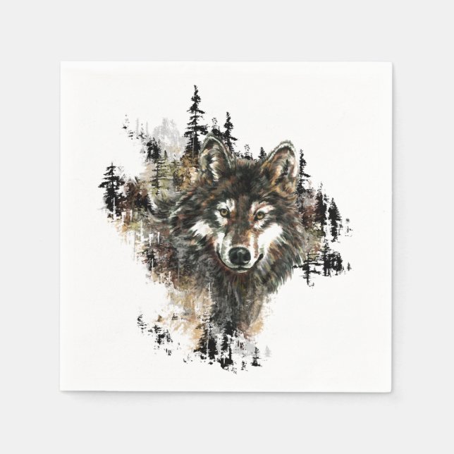 Wasserfarbener Wolf Bergsee-Zauber Serviette (Vorderseite)
