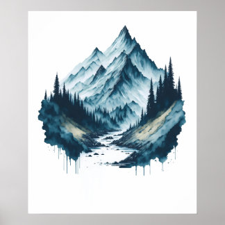 Wasserfarbenes Bergpanorama mit Fluss Poster