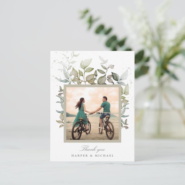 Wasserfarbenes Blattwerk Hochzeit Foto Vielen Dank Postkarte (Stehend Vorderseite)
