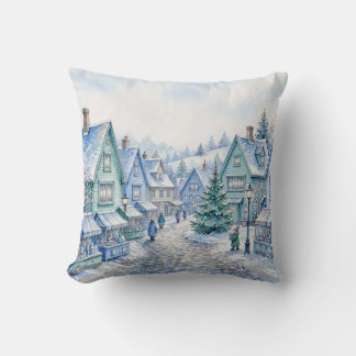 Wasserfarbenes Blau Grünes Weihnachtsdorf-Markt Kissen