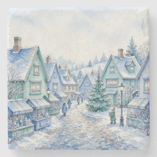 Wasserfarbenes Blau Grünes Weihnachtsdorf-Markt Steinuntersetzer